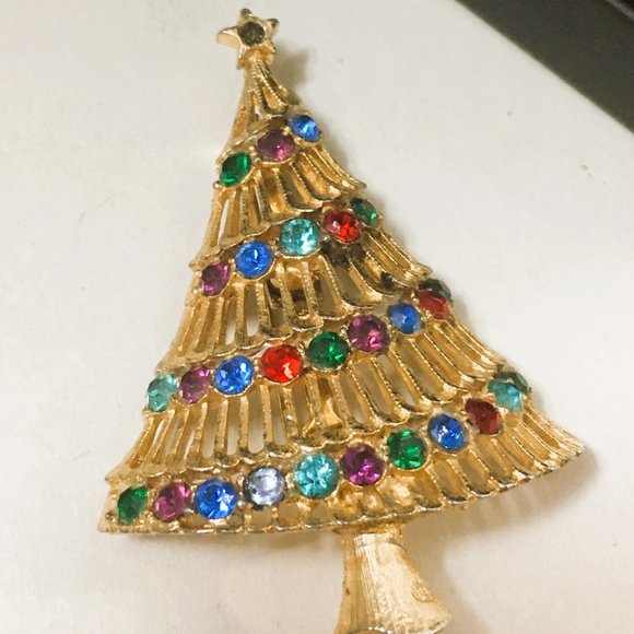 Signed Vintage Mid Century Modern MCM Christmas Tree Brooch Holiday Pin (A793) - Picture 1 of 6